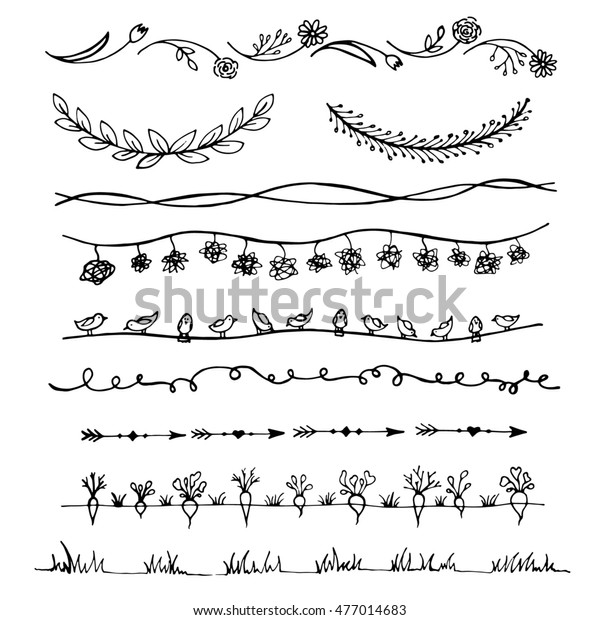 Line floral borders, laurels and\
text dividers. Doodle set - bunting and garlands. Sketch\
frame