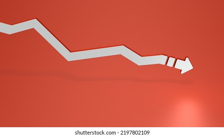 A Line Graph That Descends Overall Through Twists And Turns. Deterioration And Recession. Abstract Concept Representing Descent Or Decline. White Arrow. Crisis Red Background. 3D Rendering.