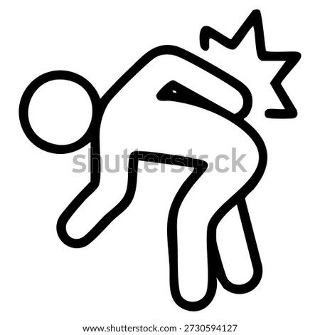 Line icon represents an aching back depicts lower back pain, spinal distress through medical iconography. Related to clinical intake forms, ergonomic safety posters, and physical therapy applications