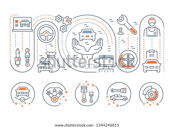 Line illustration of automotive\
maintenance. Concept for web banners and printed materials.\
Template with buttons for website banner and landing\
page.