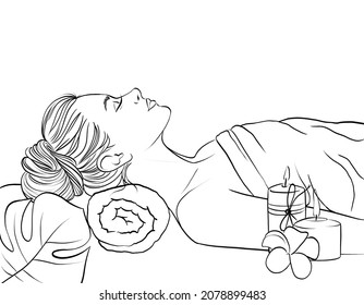 Line illustration of a beautiful young woman lying on spa treatments. black line sketch drawing on white background - Powered by Shutterstock