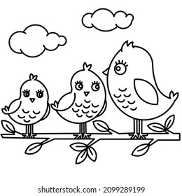 Line Illustration Of A Cute Bird Family For Children Coloring Book Pages