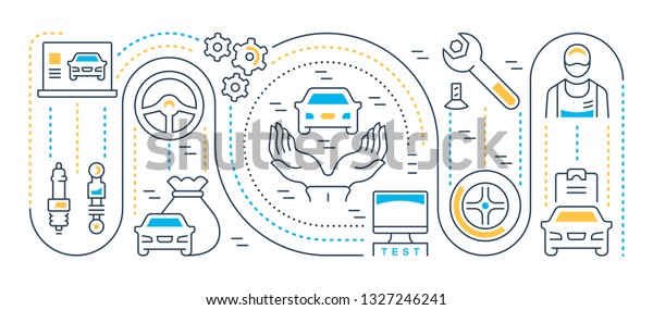 Line illustration of sale of cars. Concept for web\
banners and printed materials. Template with buttons for website\
banner and landing\
page.