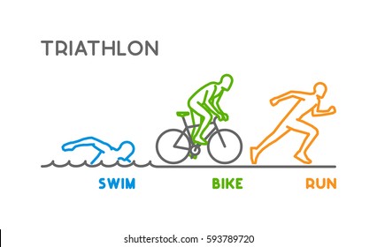 Line logo triathlon. Figures triathletes on white background. Swimming, cycling and running icon.