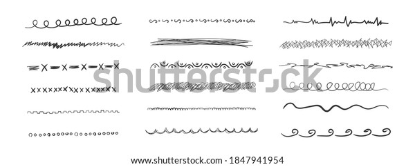 Line pen hand drawn set isolated on white\
background. Collection of strokes of markers. Set of wavy\
horizontal lines. Doodle, hand drawn\
template.