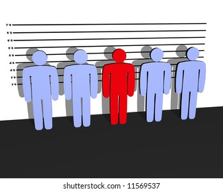 Line up of people, the red one is guilty