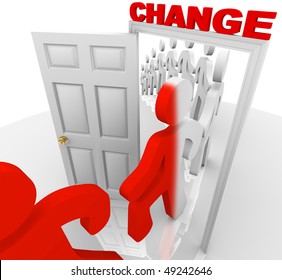 A Line Of People Step Through The Change Doorway And Become Transformed