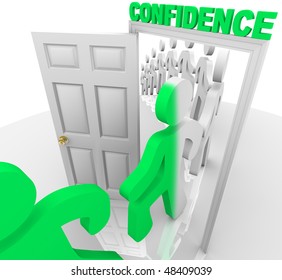 A Line Of People Step Through The Confidence Doorway And Become Transformed