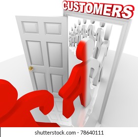 A Line Of People Step Through A Doorway Marked Customers And Become Transformed From Prospects Into New Buyers, Illustrating A Successful Marketing To Selling Process And Campaign