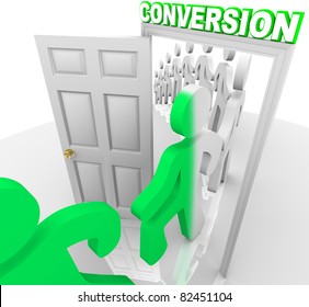 A Line Of People Step Through A Doorway Marked Conversion And Are Transformed From Prospects Into Customers, Symbolizing A Successful Sale