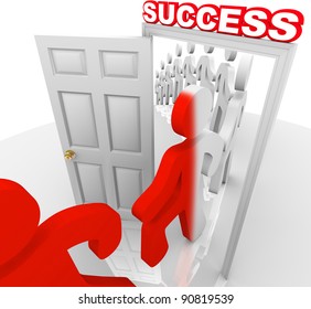 A Line Of People Step Through A Doorway Marked Success And Are Changed To A New Color Symbolizing That They Have Been Transformed To Achieve And Accomplish Their Goals In Life