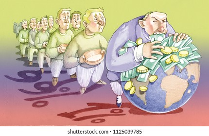 a line of people waits that an arrogant banker finishes eating the planet political economic cartoon allegory of inequiti distribution of wealth