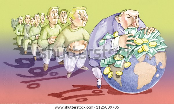 a line of people waits that an arrogant banker\
finishes eating the planet political economic cartoon allegory of\
inequiti distribution of\
wealth