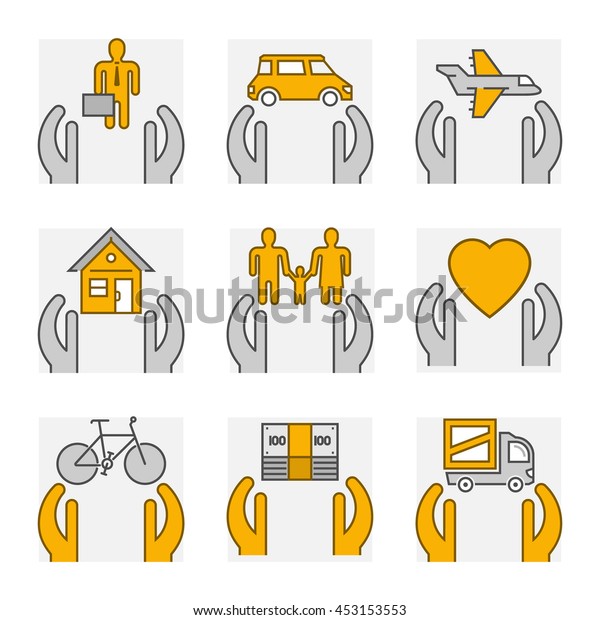 Line set icons of insurance. Outline insurance\
cars and home\
insurance.