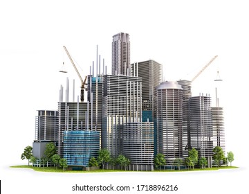 Line From Skyscrapers In Building Process. City Skyline Isolated On A White. 3d Illustration