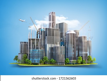 Line From Skyscrapers In Building Process. City Skyline. 3d Illustration
