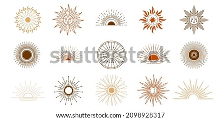 Line sunset and sun shine with rays, logo elements. Yoga meditation celestial symbols tattoo. Boho astrology mystic sun with face  set. Radiant sun flashes and light sunbeams