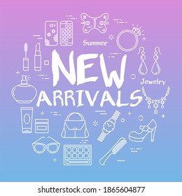 Line web banner woman accessories and text New Arrivals  Cosmetic  jewelry  hygiene items  clothing  shoes   lipstick linear icons arranged in round purple  blue gradient background