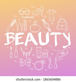 Line web banner woman accessories and text Beauty Cosmetic  jewelry  hygiene items  clothing  shoes   lipstick linear icons arranged in round red   yellow gradient background