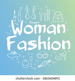 Line web banner woman accessories and text woman fashion  Cosmetic  jewelry  hygiene items  clothing  shoes   lipstick linear icons arranged in round blue   green gradient background