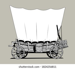 Linear Black And White Drawing Of A Wild West Covered Wagon.