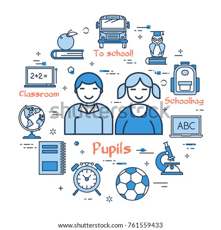 Linear blue round concept of School Pupils. Happy Boy and Girl with many educational icons in modern thin line style