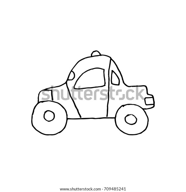 Linear cartoon hand drawn car. Cute raster\
black and white car doodle. Isolated monochrome car object on white\
background.