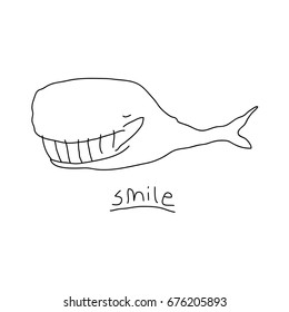 Linear cartoon whale drawing with smiling whale. Cute doodle black and white whale drawing. Monochrome whale drawing for prints, posters, t-shirts, flyers and cards.