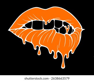 Linear drawing of lips with colored flowing lipstick in tattoo style. Dripping lipstick in comic book style.