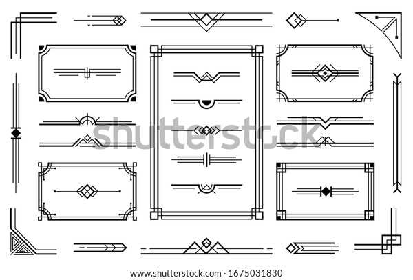 Linear geometric\
Art Deco ornaments. Retro label frame, minimal decorative ornament\
dividers and ornamental borders  set. Creative geometric decorative\
design elements\
collection