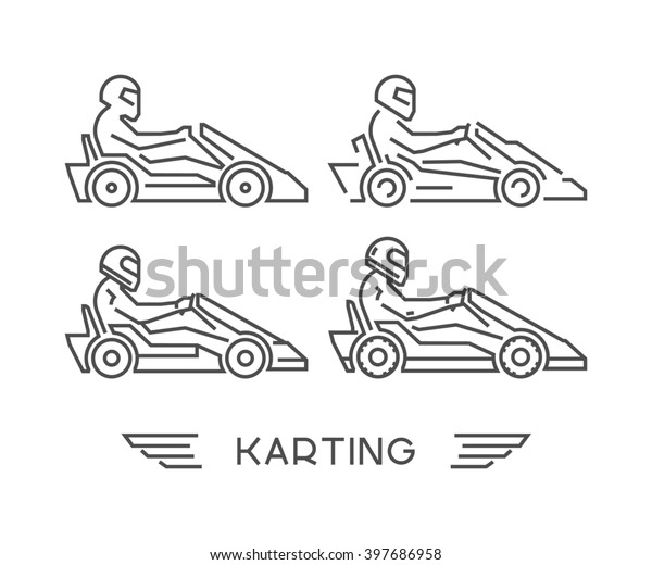 Linear go kart symbol. Figures art\
racer. Outline karting icons. Lline kart. Karting\
logo.