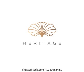 Linear Gold Gradient Flower Shell Logo Design. Premium Seafood Spa Beach Hotel  Logotype Sign Minimal Style Illustration.