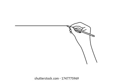 Linear Hand Drawing A Straight Line. Concept Of Handwritten Art By Woman Arm, Writing Ink Paperwork And Deal, Planning Study Student. Black Contour Logo Graphic Thin Line Design On White Background