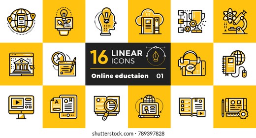 Linear Icon Set Of Online Education And E-learning. Material Design Icon Suitable For Print, Website And Presentation