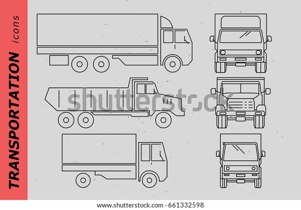 Linear illustration of\
trucks, isolated on grey background. Flat style. Black strokes.\
Front and side view. Good for advertisement, banners, posters and\
cards.
