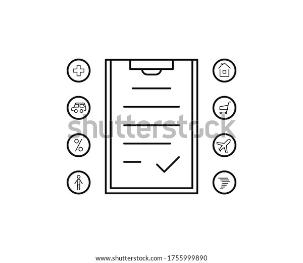 linear insurance contract icon. concept of\
conclusion of an agreement that protects the property, health and\
life of insured person. set of human, house, plane, tornado. green\
simple signs on\
white