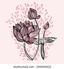 Linear lotus flower with lines and drops on pink background - Powered by Shutterstock