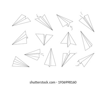 Linear Paper Planes. Drawing Origami Aircraft Transport Air Collection