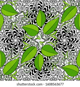 Linear pattern, repeating abstract leaves, green, black and white line of leaf or flower, floral. Graphic clean design for fabric, event, wallpaper etc. Pattern is on swatches panel. Seamless.