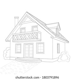 Lineare Bleistift-Skizze der Fassade des Hauses. Weiße Silhouette eines Landhauses. Einzeln. Illustration