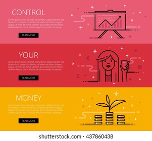 Linear personal finance web banners set. Line diagram, woman avatar with calculator, money tree and money piles. Design set of graphic outline banners illustration - Powered by Shutterstock