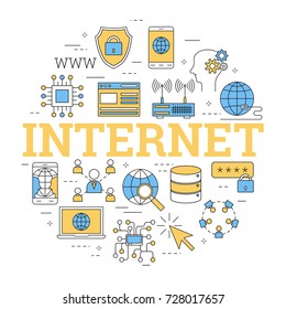 Linear round concept of worldwide network with letters INTERNET. Isolated illustration with outline icons in blue and yellow colors. Square web banner