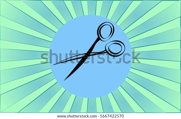 Linear round icon of
scissors at the hairdresser on a background of abstract blue rays.
illustration.