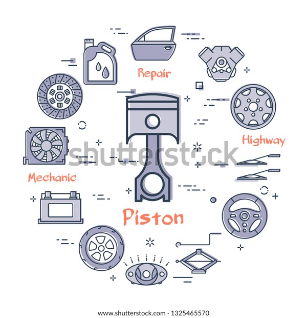 Linear round modern concept of\
auto part with outline piston icon in center on white background.\
Various components and parts of car vehicle at this web\
banner
