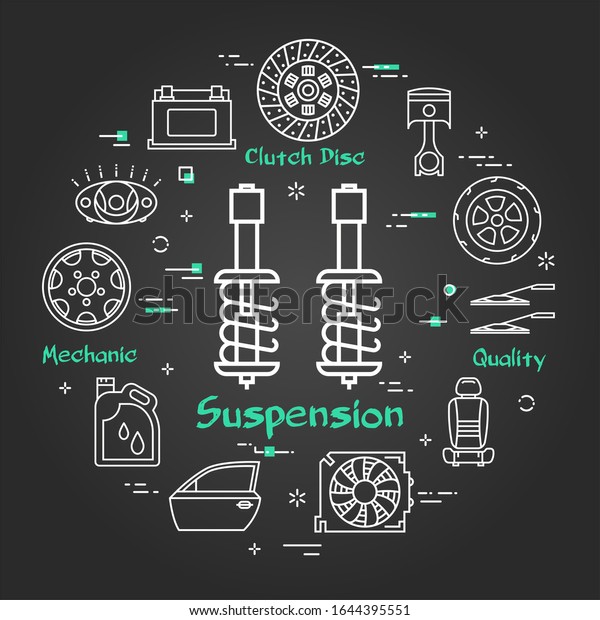 Linear\
round modern concept of suspension auto part. White outline shock\
absorber strut icon and black chalk board background. The different\
car parts and components are arranged on\
banner