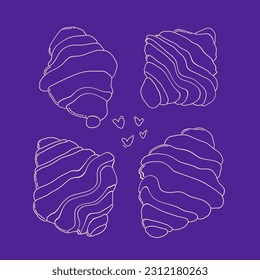 Linear white drawing of 4 croissants. Purple background. Delicious baked goods. - Powered by Shutterstock