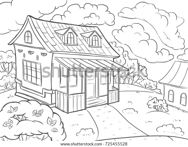 Lineart Coloring Page Landscape House Summer Stock Illustration 725455528