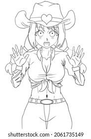 Lineart Of A Cute Surprised Cowgirl Wearing A Hat. Original Content, Anime-style Art.