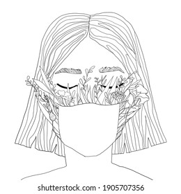 Lineart Quarantine Illustration Flower Mask. Woman In A Facial Masque With Spring Flowers. Worldwide Epidemic. Healthcare And Ecology