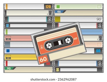 lined up audio cassettes with a variety of colors and index cards